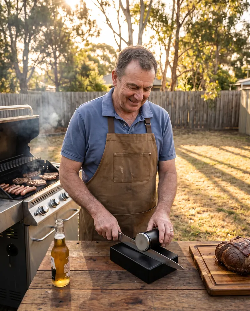 A man in his fifties sharpening a carving knife with the Honeroll kit next to the barbecue (illustration)