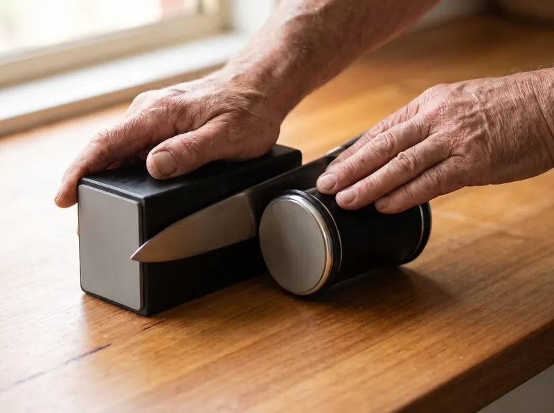 Hands rolling the black Honeroll roller next to a chef's knife held on the magnetic angle block (illustration)