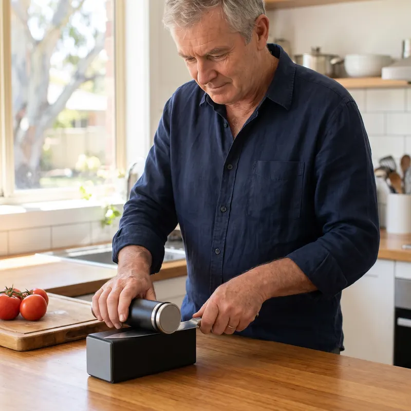 A man in his sixties sharpening a chef's knife with the black Honeroll kit on a timber kitchen bench (illustration)