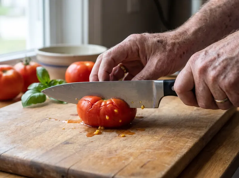 A blunt knife squashing a ripe tomato on a wooden chopping board