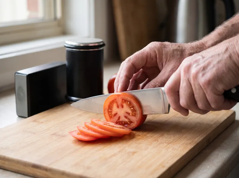 A sharp chef's knife slicing a ripe tomato into thin, clean slices