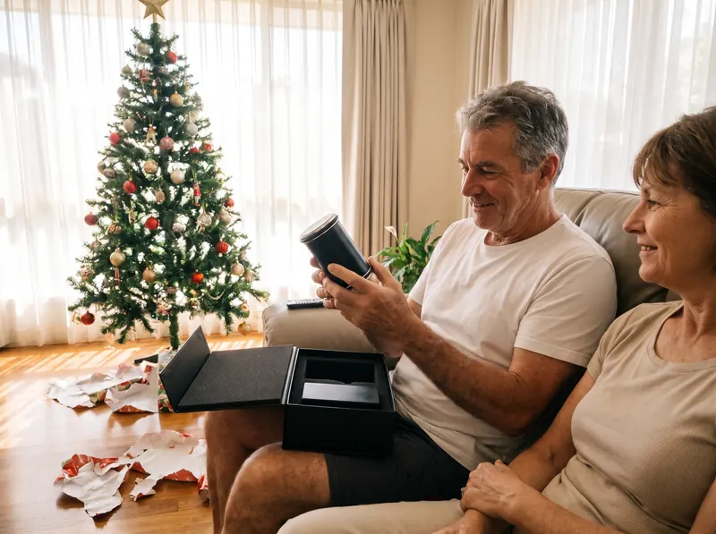 A man opening the black box of his Honeroll kit on Christmas morning (illustration)